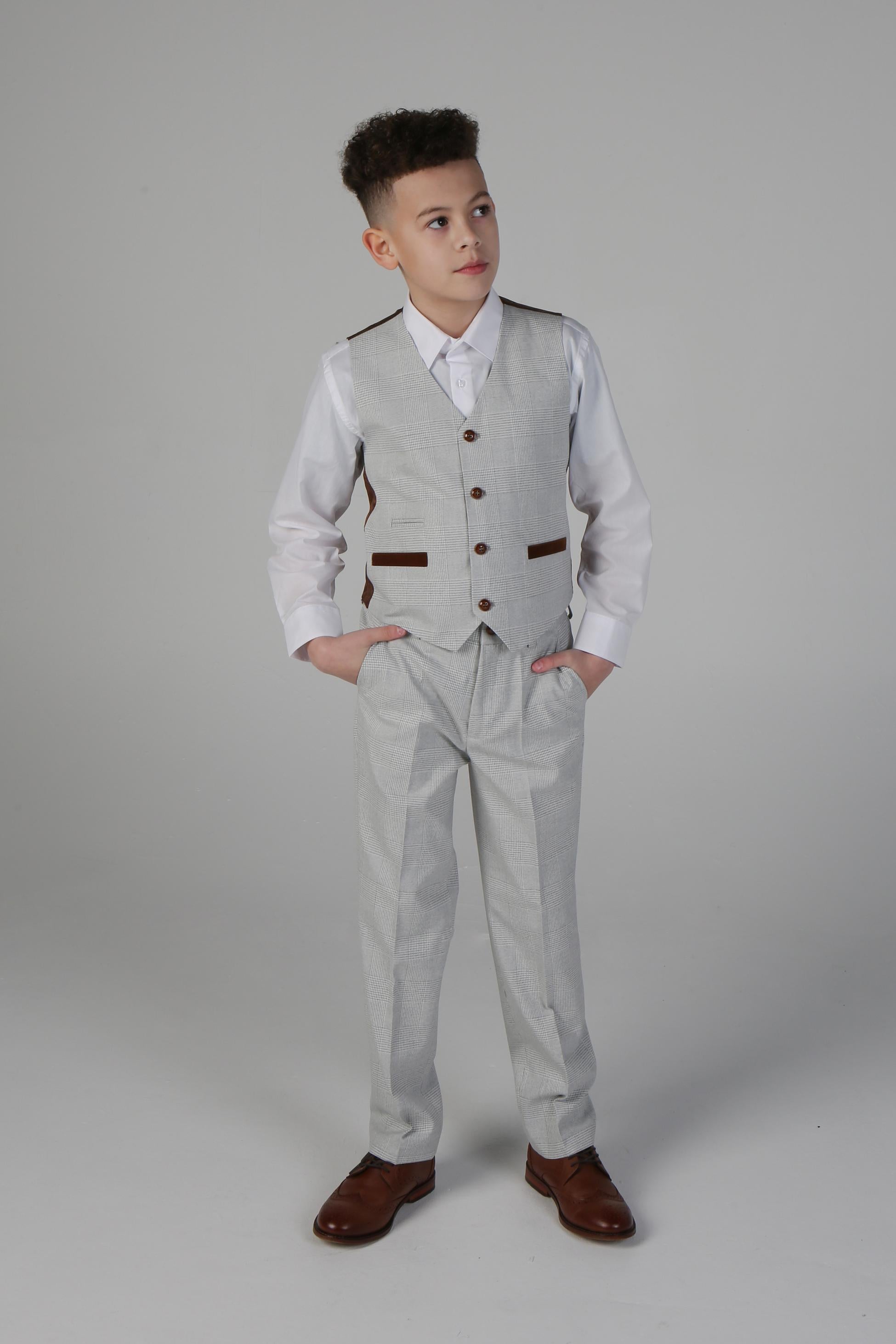 Boys Tailored Fit Tweed Check Suit - MARK - Stone Beige