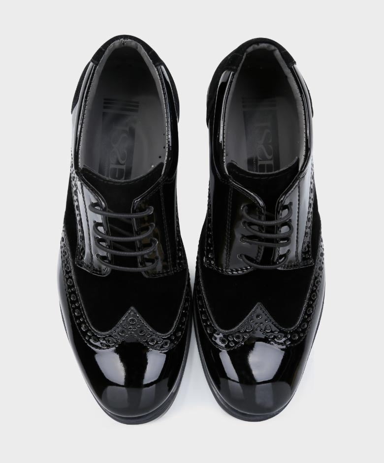 Boys Patent Leather & Suede Lace Up Brogue Derby Shoes - Black