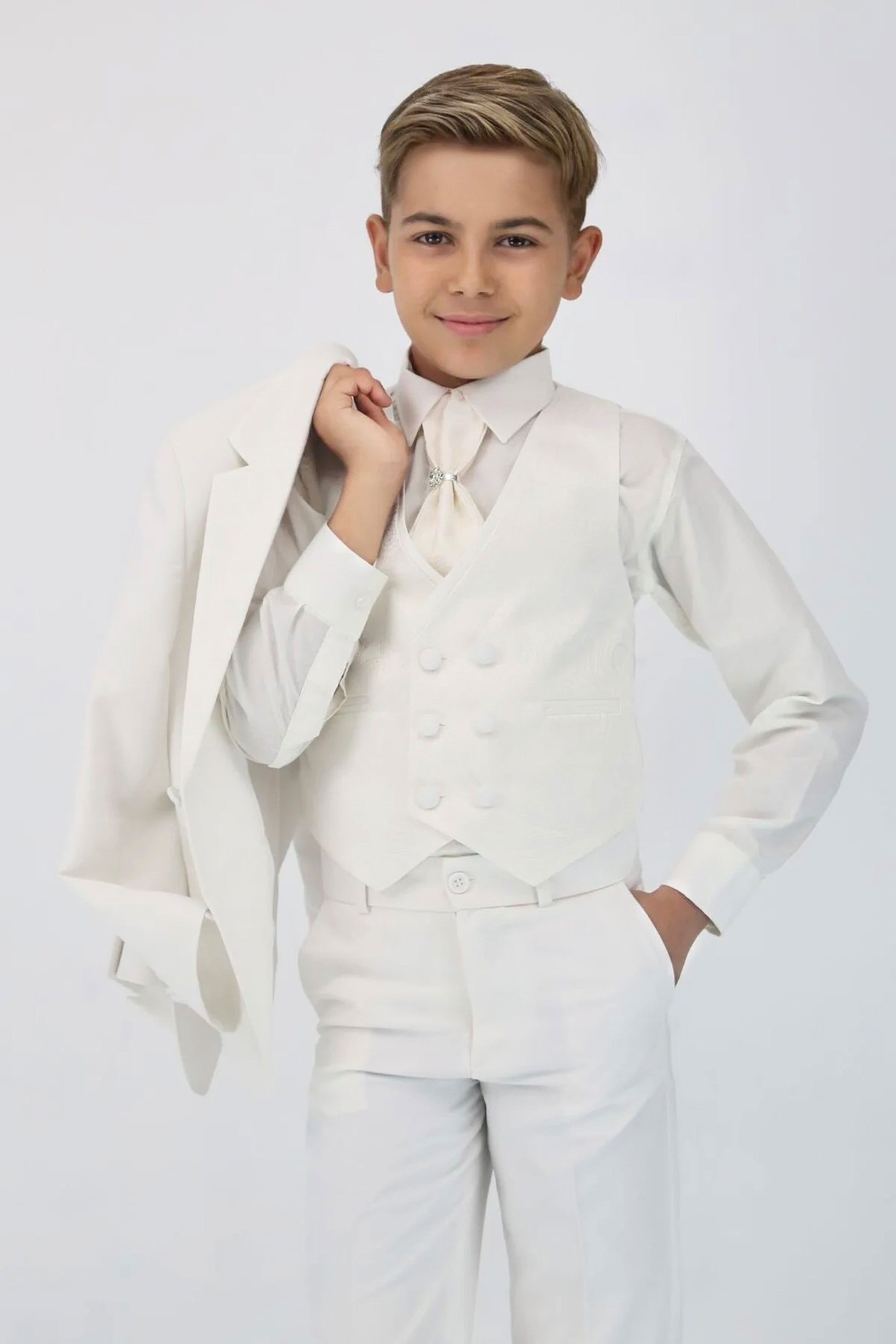 Boys 5 PC Ivory Suit Set, with Double-breasted Vest - Ivory