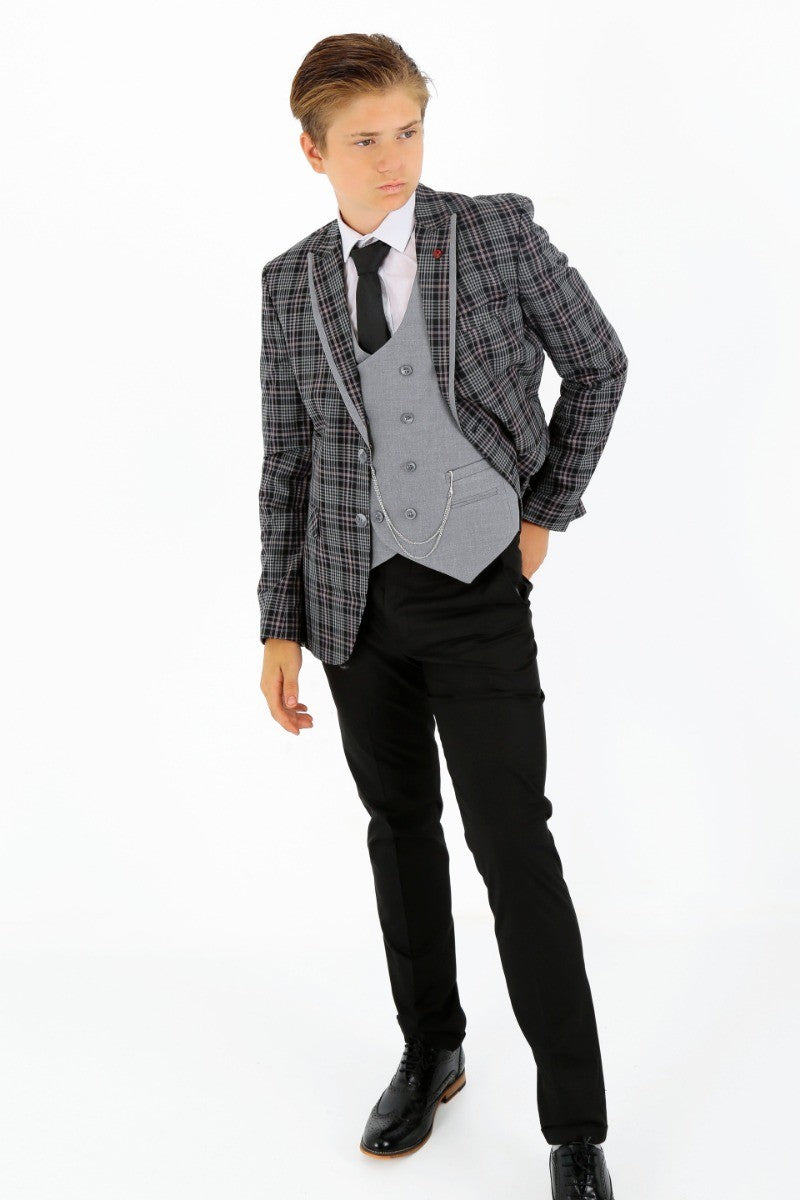 Boys Plaid Check Slim Fit Suit - Black - Grey