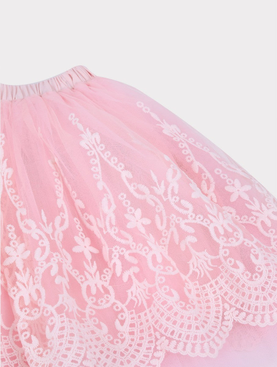 Girls Floral Print Tulle Skirt and T-Shirt Set - Pink