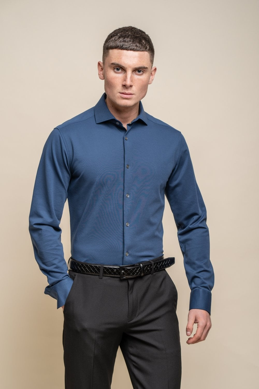 Men's Cotton Slim Fit Long Sleeve Shirt - ASHLEY - Blue