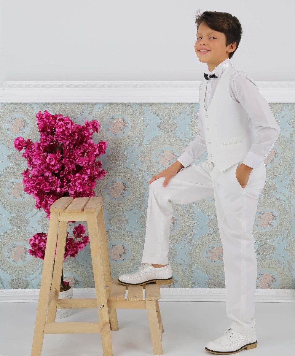 Boy Embroidered Slim Fit Communion Ivory Suit - Ivory