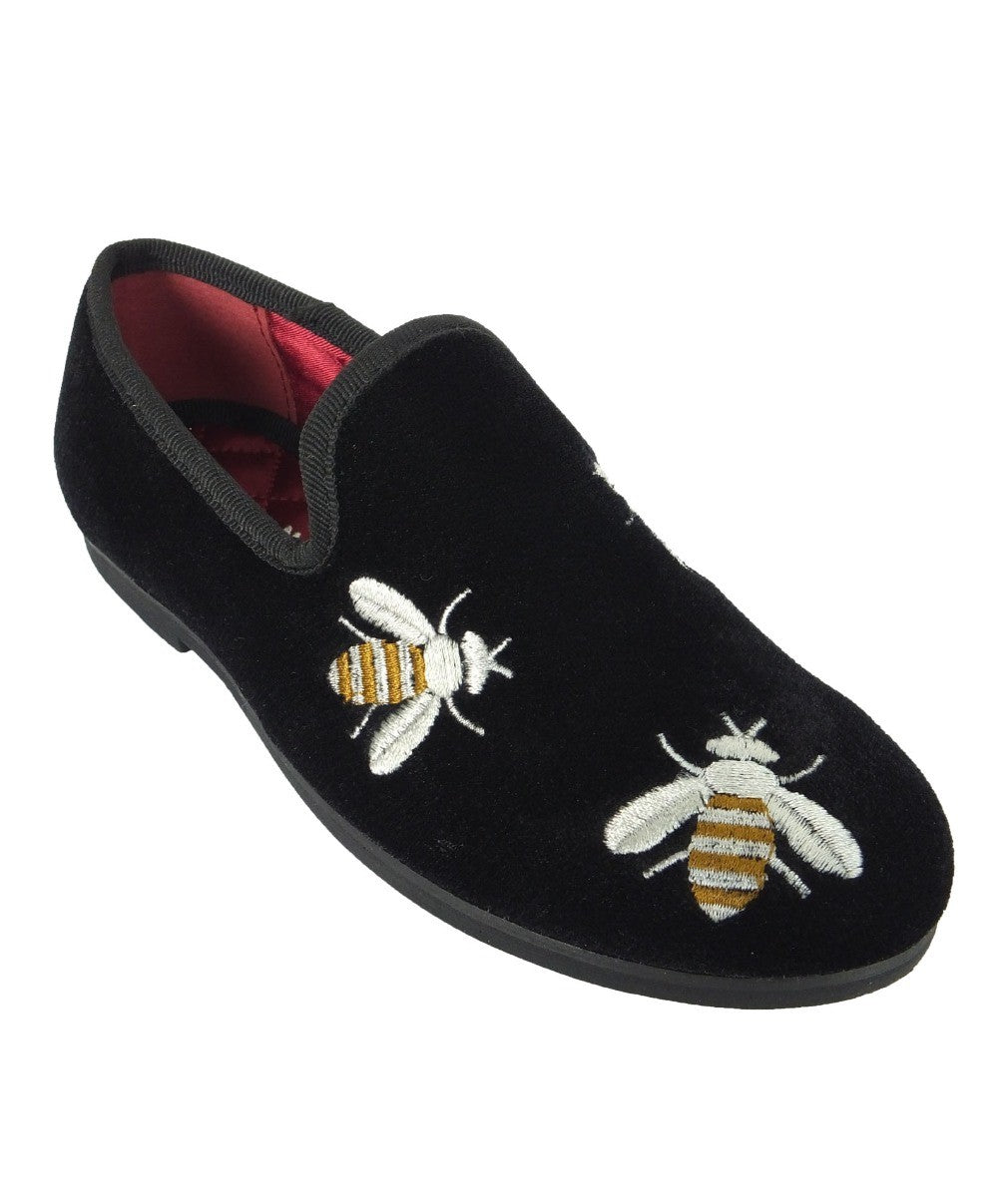 Boys Velvet Bee Embroidered Slip On Loafers - Black