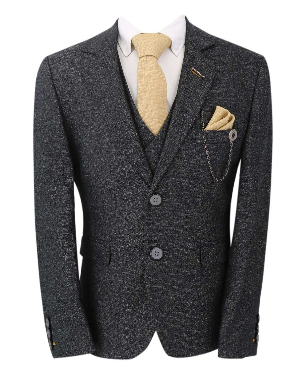 Boys Tailored Fit Herringbone Patterned Suit - TONY - Charcoal Grey