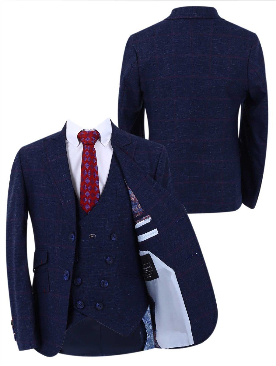 Boys Retro Check Slim Fit Formal Suit - Dark Blue