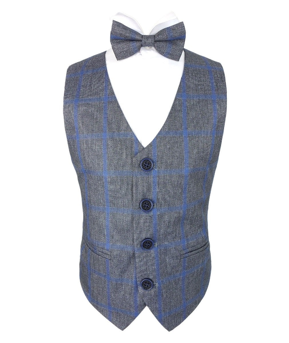 Boys Plaid Check Waistcoat Set - Grey - Blue