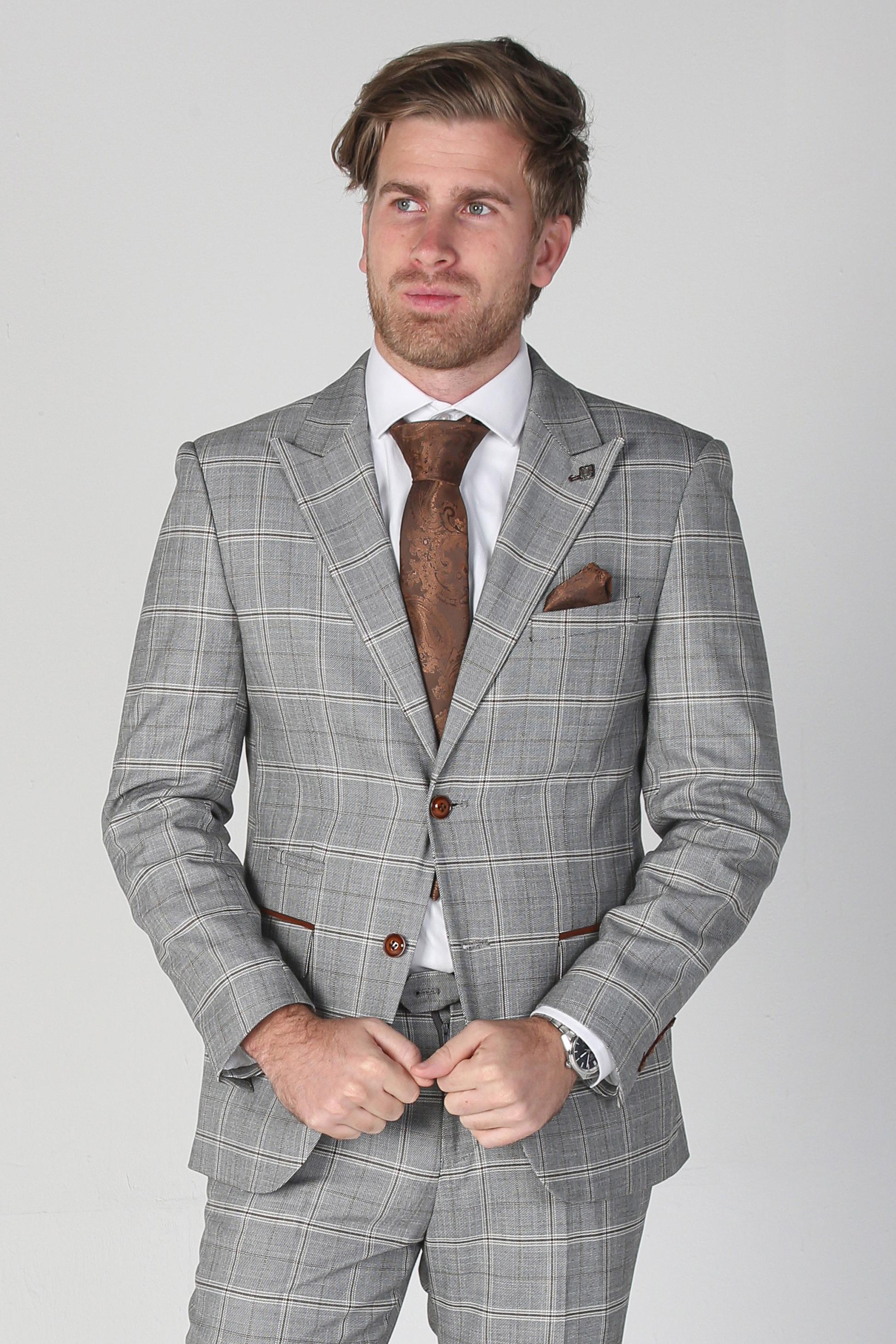 Men's Windowpane Check Grey Suit Jacket- FRANCIS - Grey