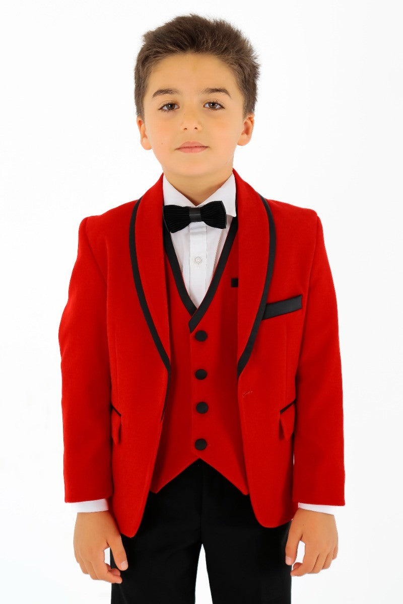 Boys Slim Fit Piping Velvet Tuxedo Suit - LONDON - Red