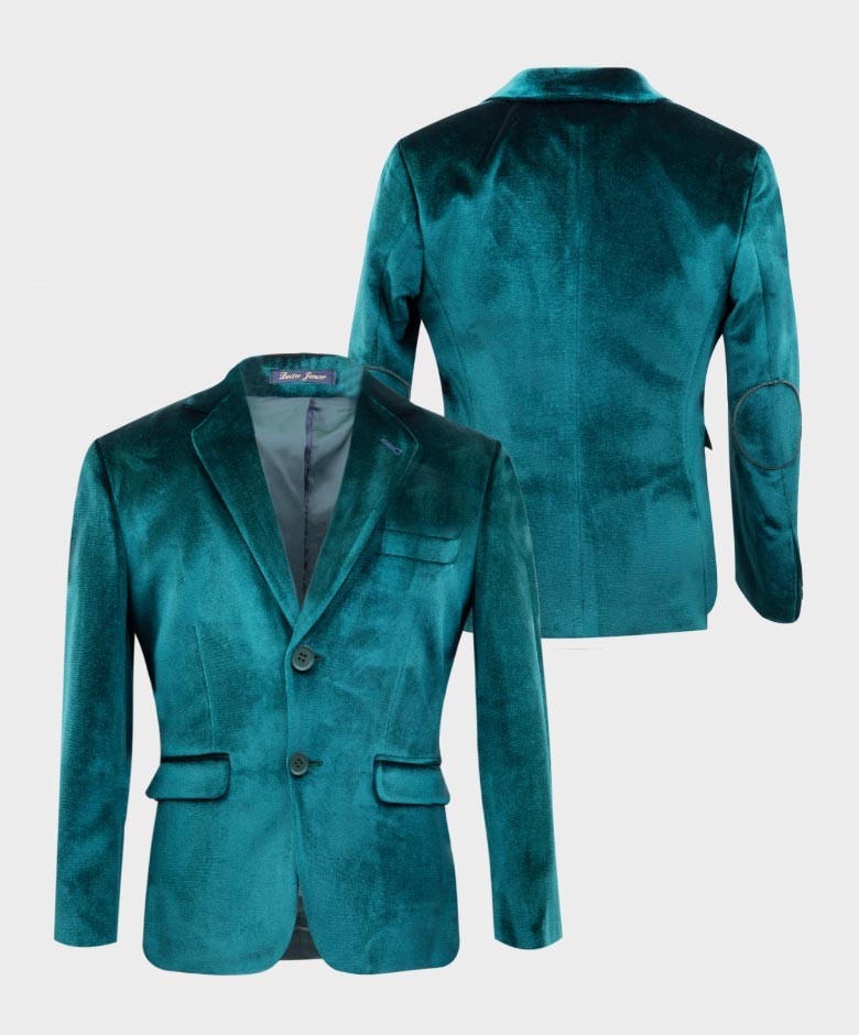 Boys Tailored Fit Velvet Blazer with Elbow Patches - Green