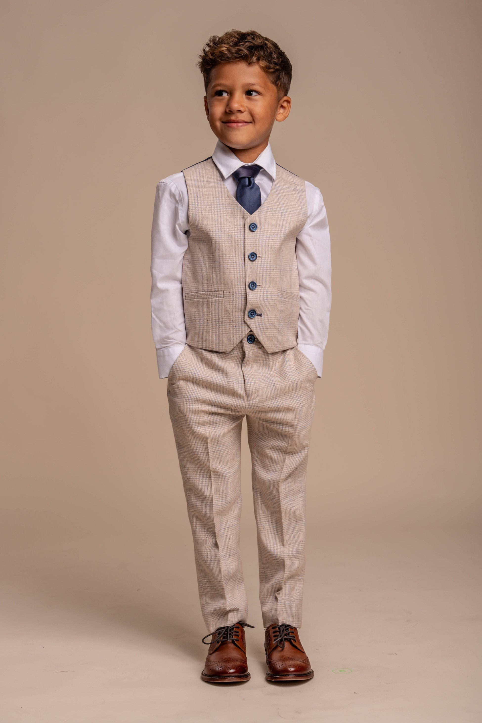 Boys Tweed Houndstooth Check Slim Fit Suit - CARIDI - Beige