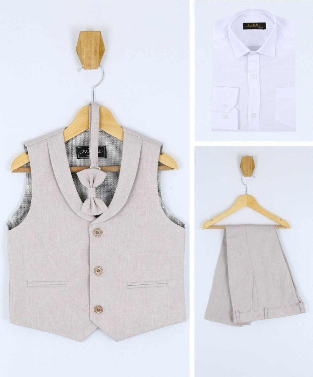 Boys Linen Waistcoat Suit Set - Light Beige