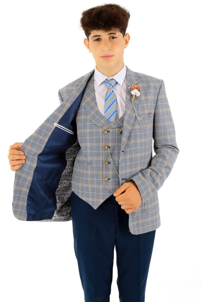 Boys Windowpane Check Slim Fit Suit - Blue