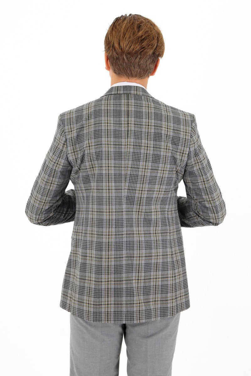 Boys Plaid Check Slim Fit Suit - Grey