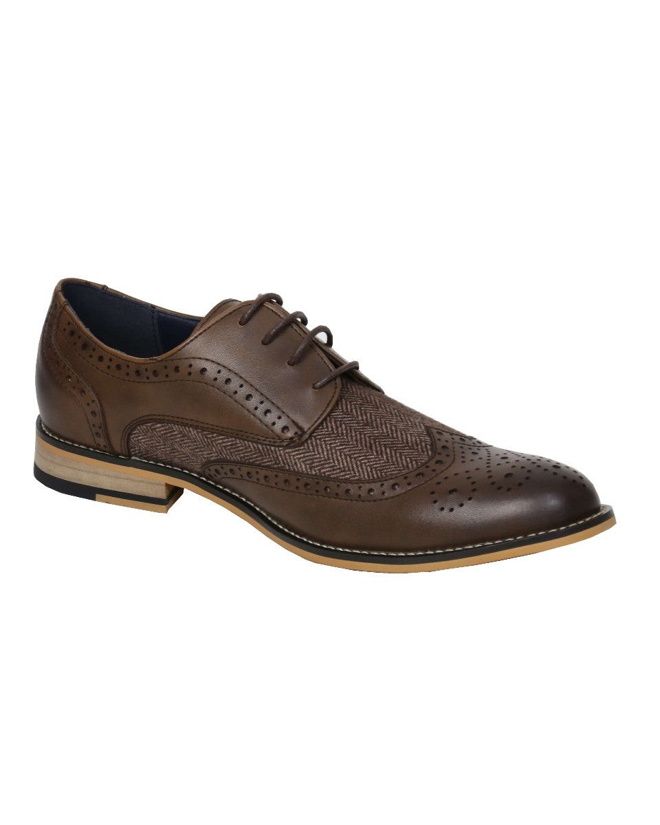 Men's Lace Up Tweed Leather Brogue Shoes - HORATIO - Brown