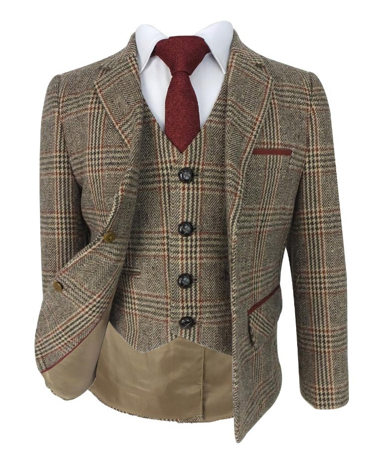 Boys Herringbone Tweed Check Suit with Elbow Patches - LUCAS - Brown - Burgundy