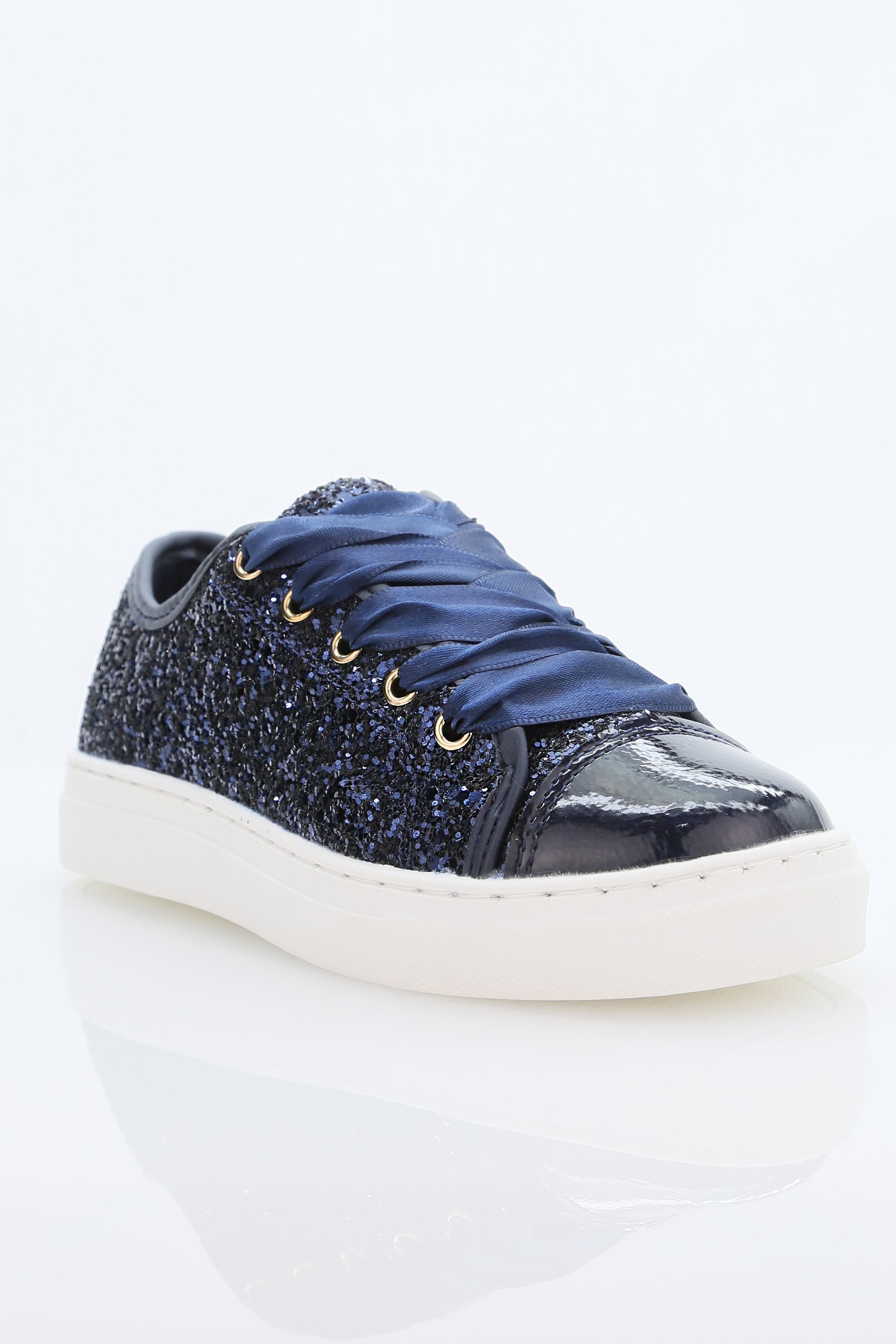 Girls' Glitter Sneakers with Satin Ribbon Laces – TRINITY - Navy Blue