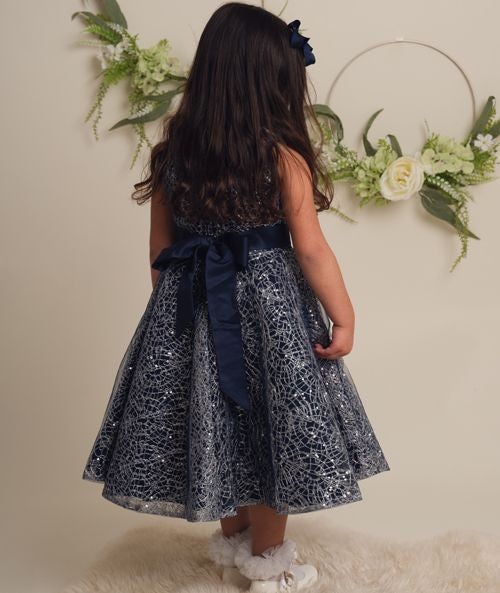 Girls Sparkly Embroidered Dress with Bow – CLIO - Navy Blue