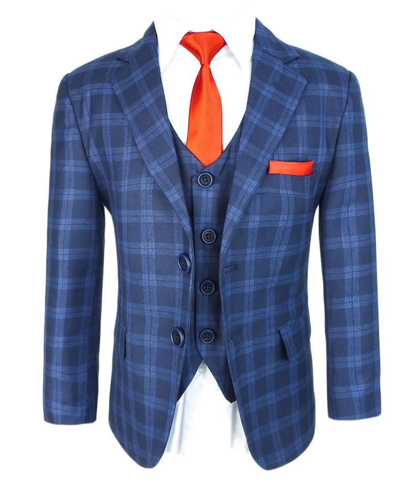 Boys Windowpane Check Tweed Tailored Fit Suit - Dark Blue