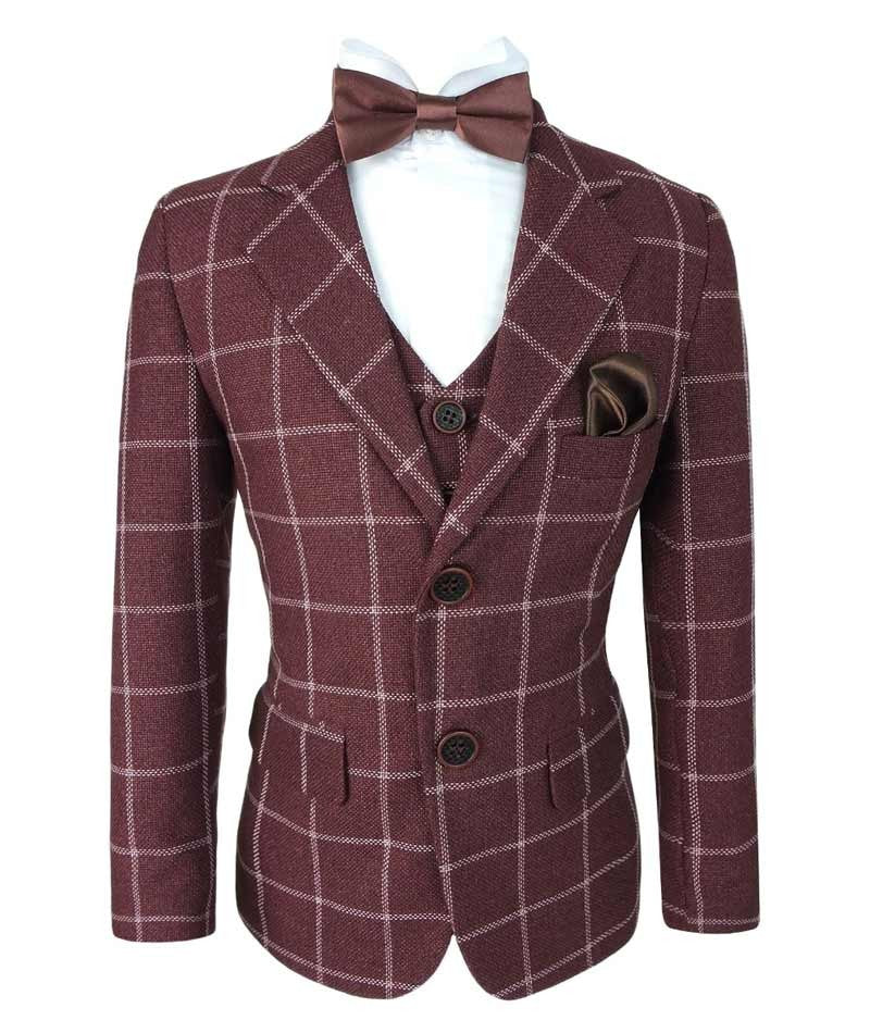 Boys Retro Windowpane Tailored Fit Check Suit - Maroon