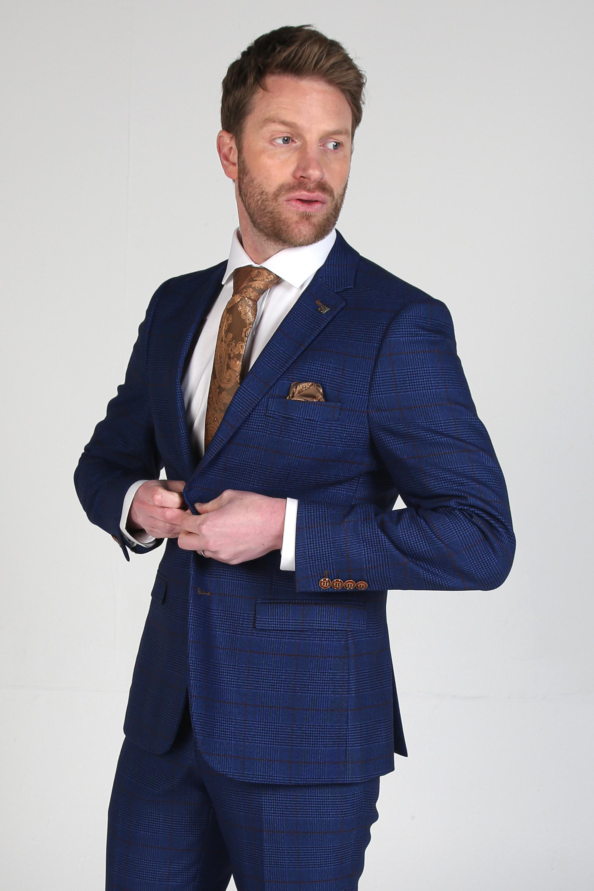 Men's Tweed Windowpane Navy Suit Jacket - ALEX - Navy Blue