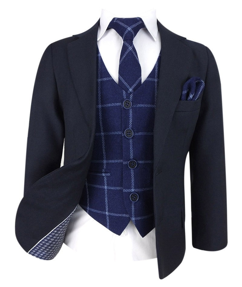 Boys Navy with Tweed Check Waistcoat Suit Set - Navy Blue