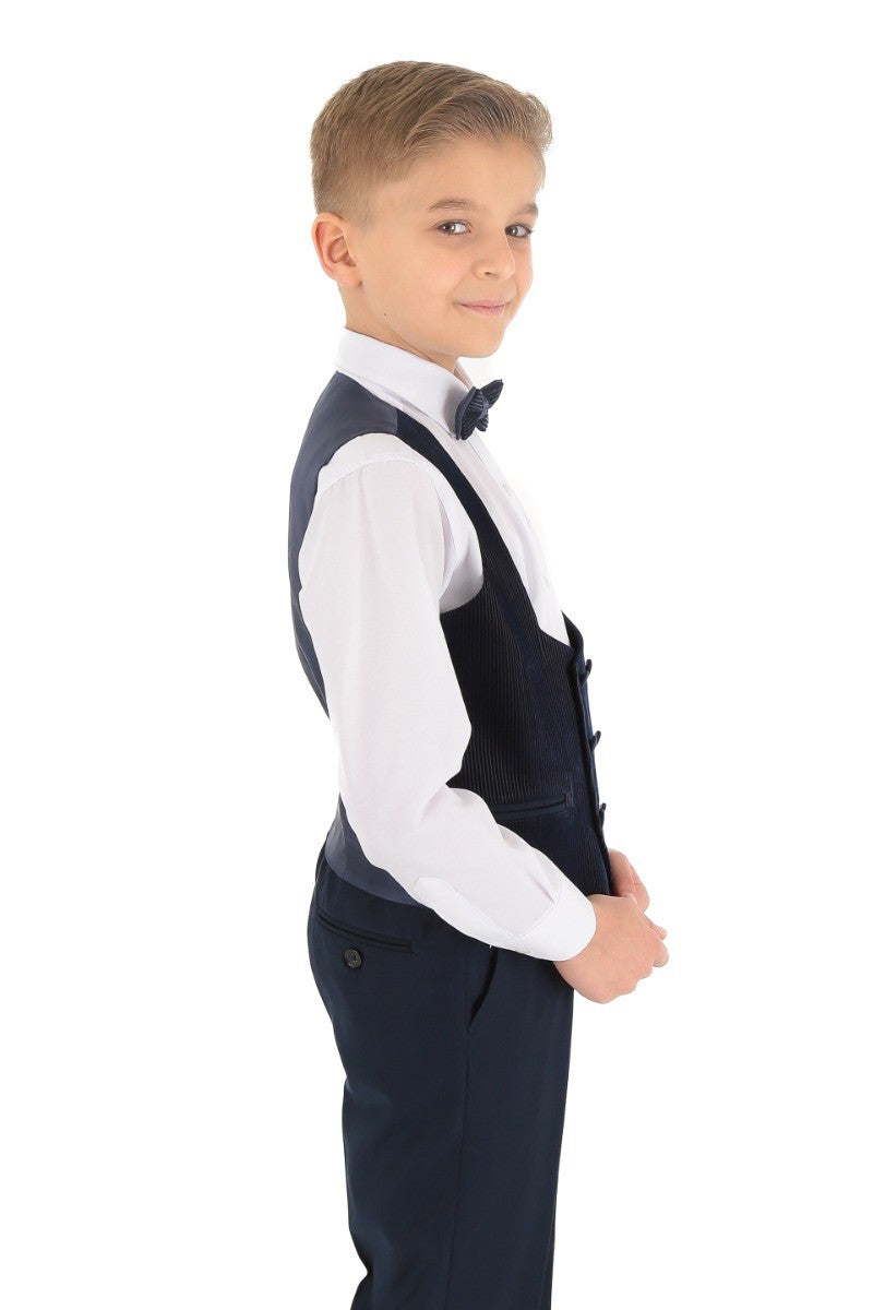 Boys Double Breasted Corduroy Velvet Waistcoat - Navy Blue