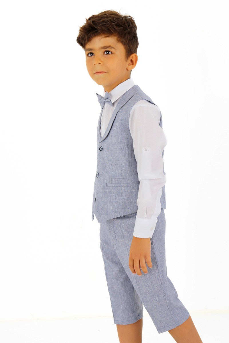 Boys Linen Waistcoat Suit Set - Navy Blue