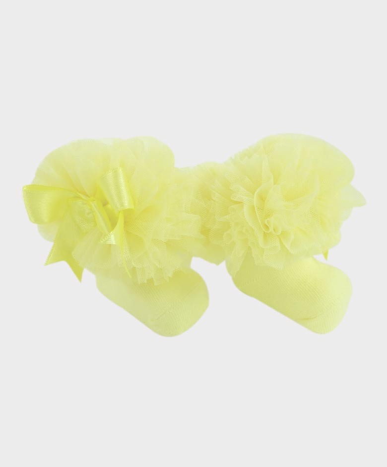 Baby Girls Ruffle Bow Frilly Ankle Socks - Yellow