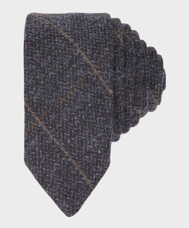 Boys Herringbone Tweed Windowpane Check Slim Tie & Hanky Set - Charcoal Grey