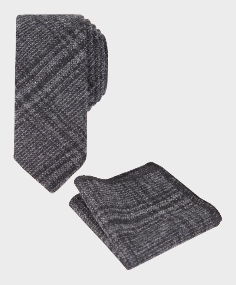 Boys Tweed Check Grey Tie and Hanky Set - Charcoal Grey