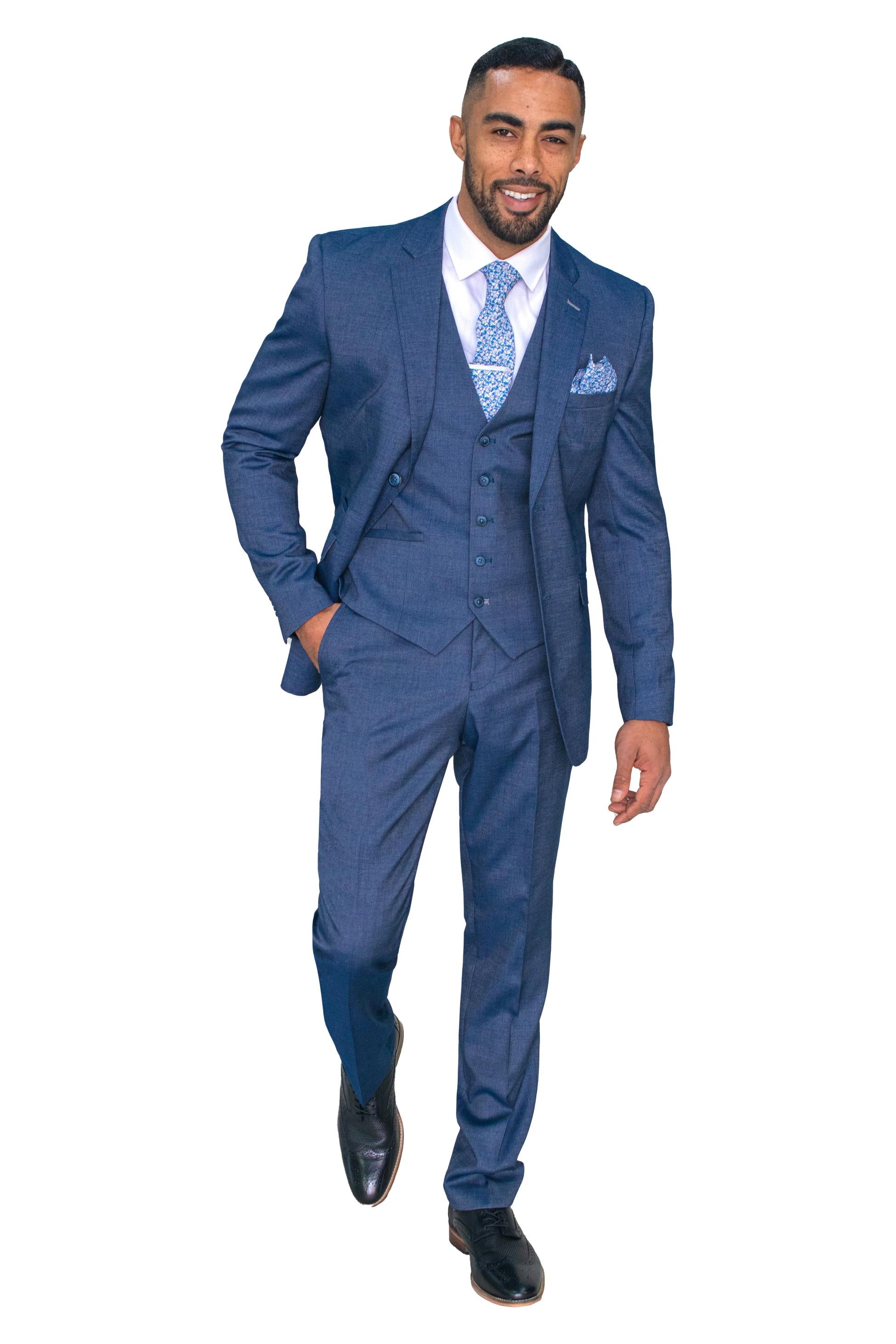 Men's Denim Look Slim Fit Formal Suit - STEELE Blue - Steel Blue