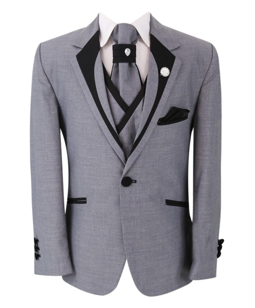 Boys Slim Fit Piping Grey Tuxedo Suit - Grey