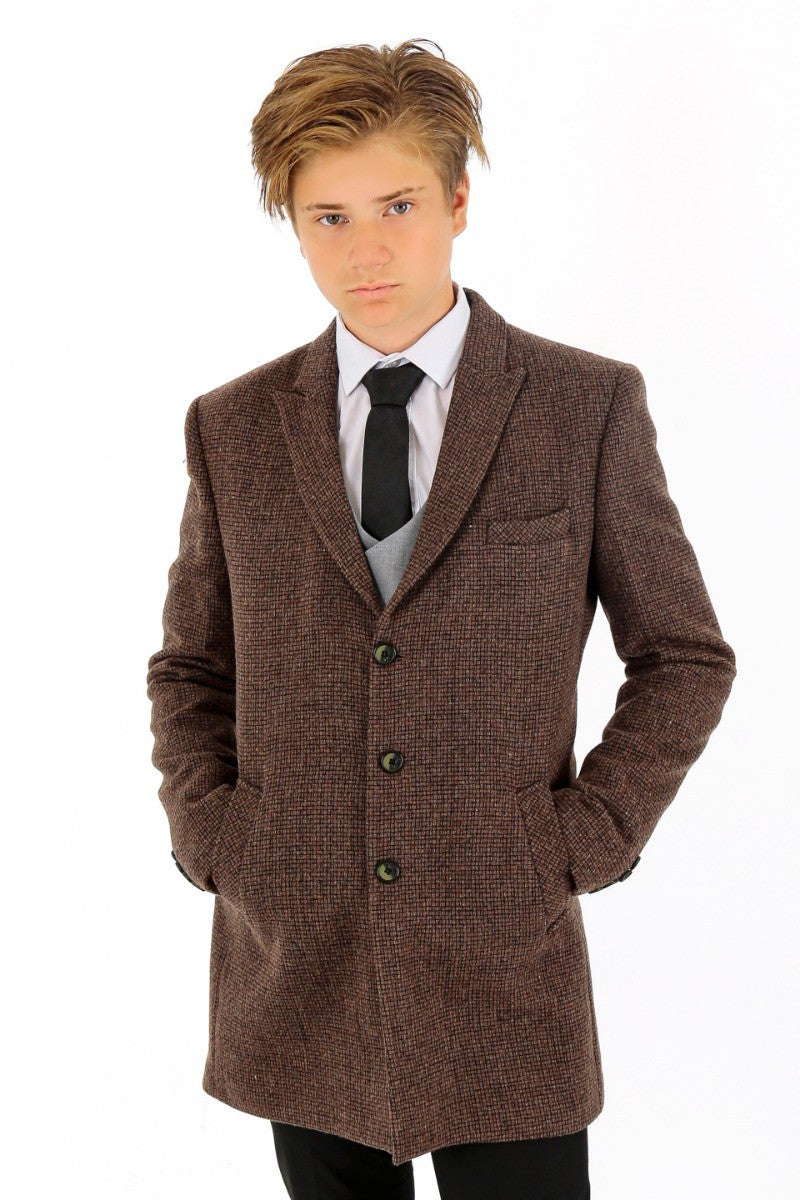 Boys Wool Tweed Patterned Midi Coat - Light Brown