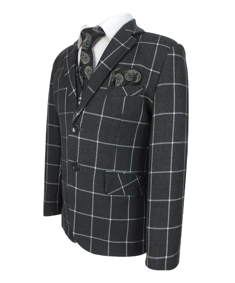 Boys Windowpane Check Suit Set - Charcoal Grey