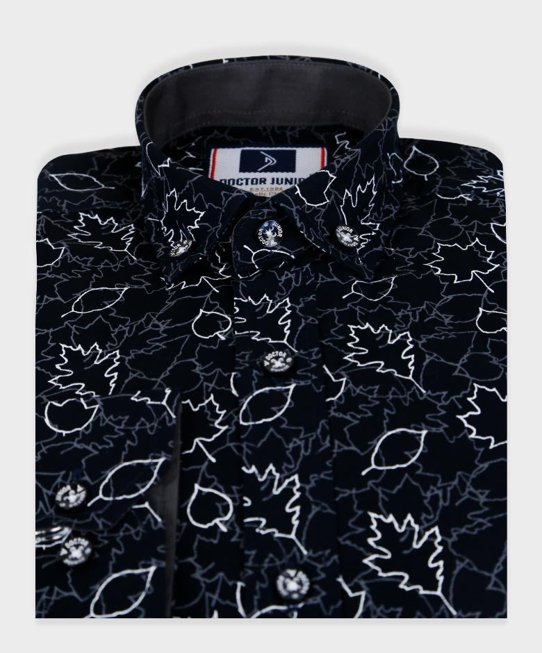 Boys Slim Fit Leaves Print Cotton Shirt - Black