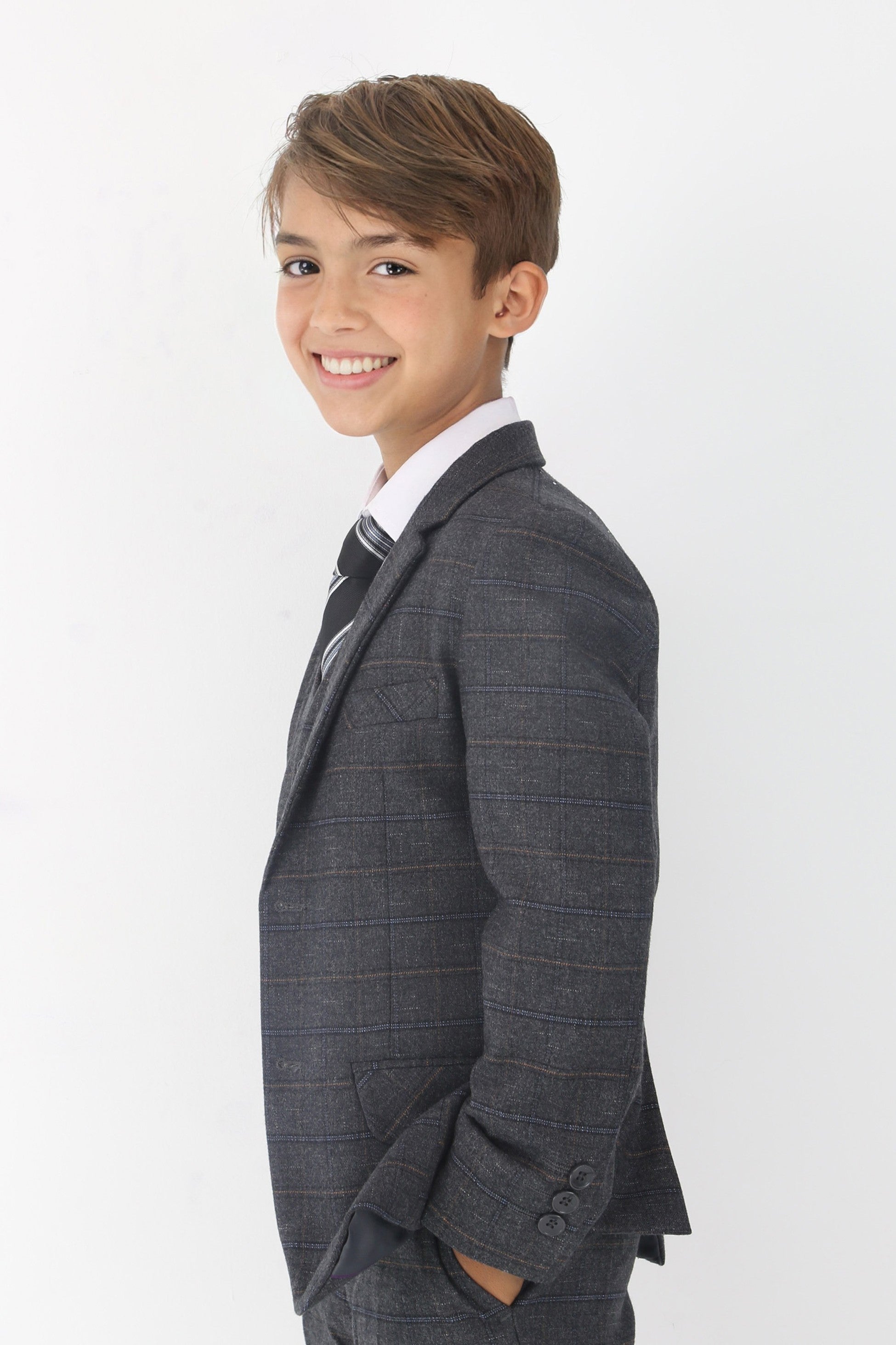 Boys Tweed Like Check Tailored Fit Formal Suit Set - Charcoal Grey