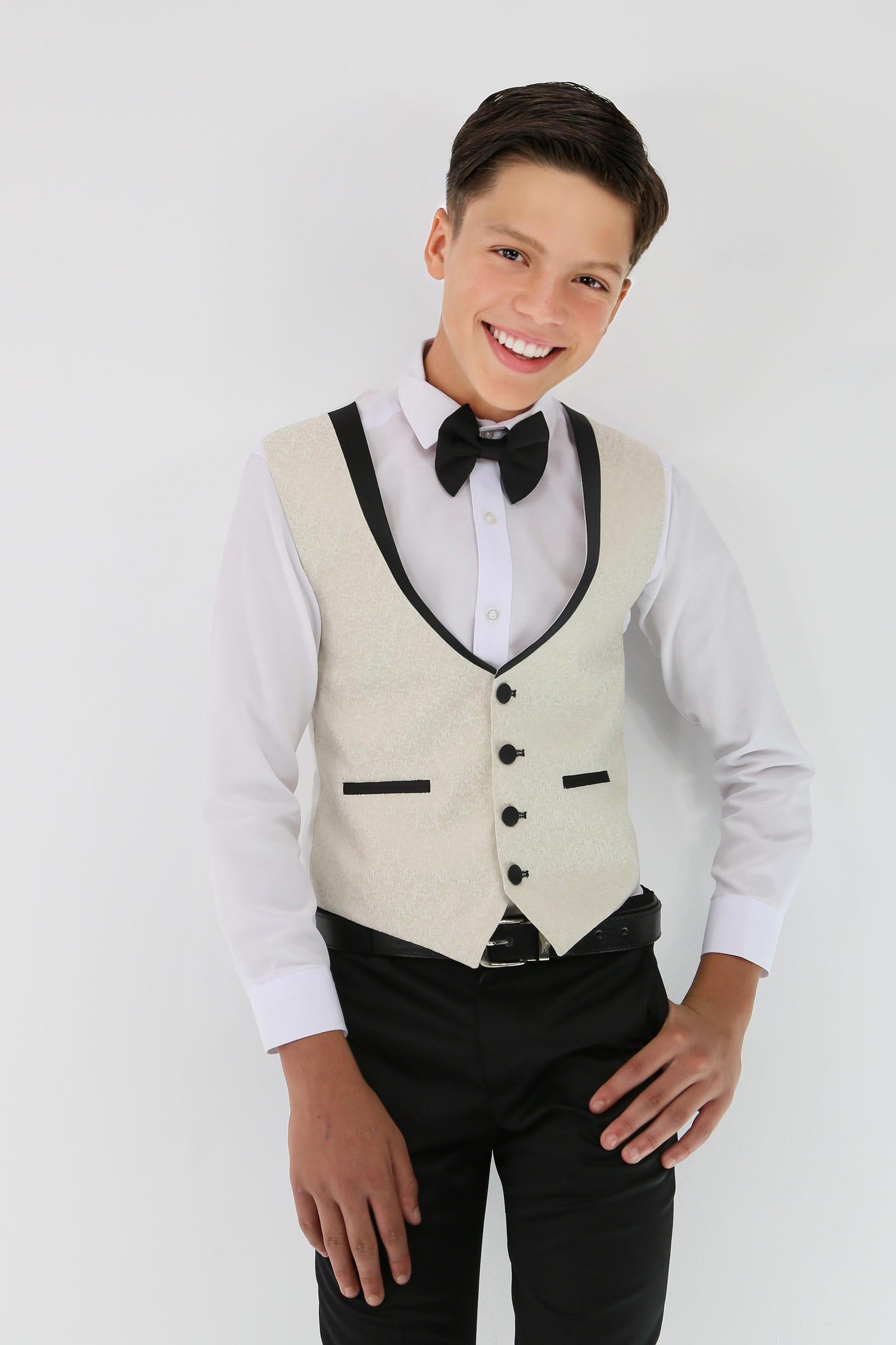 Boys Tuxedo Floral Patterned Dinner Suit 7 PC Set - Ivory