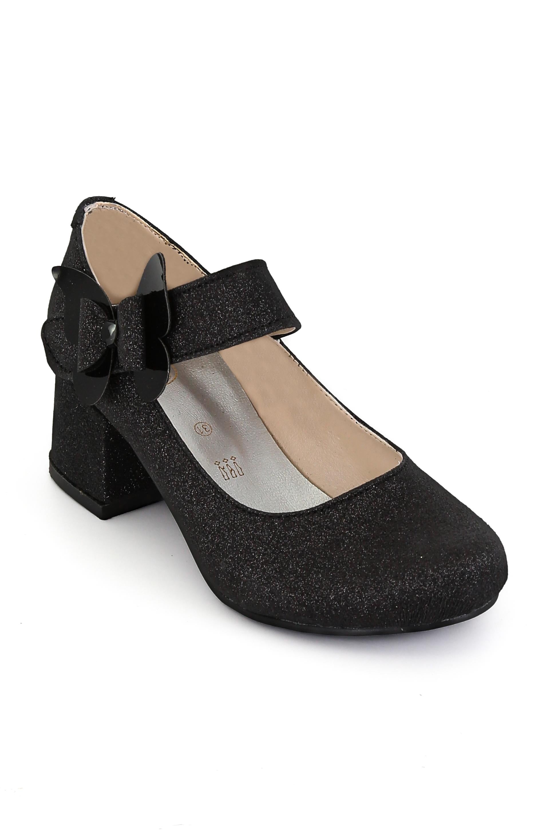 Girls Block Heel Glittery Mary Jane Shoes- AITANA - Black