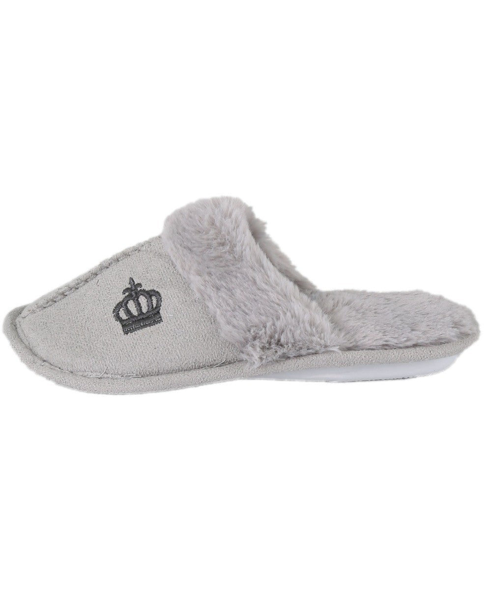 Boys Slip On Fur Grey Slippers - Crown - Grey