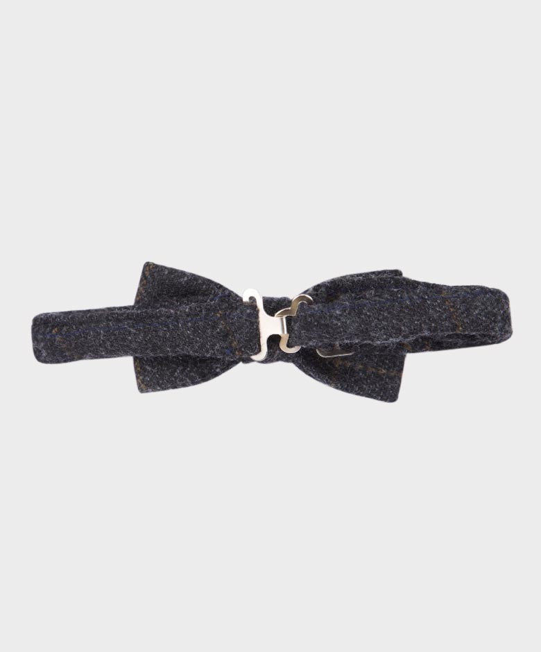 Boys Tweed Check Bow Tie and Hanky Set - Charcoal Grey - Brown