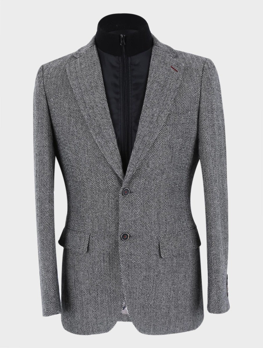 Men's Wool Herringbone Tweed Coat with Removable Zipper - Alexander - Light Grey