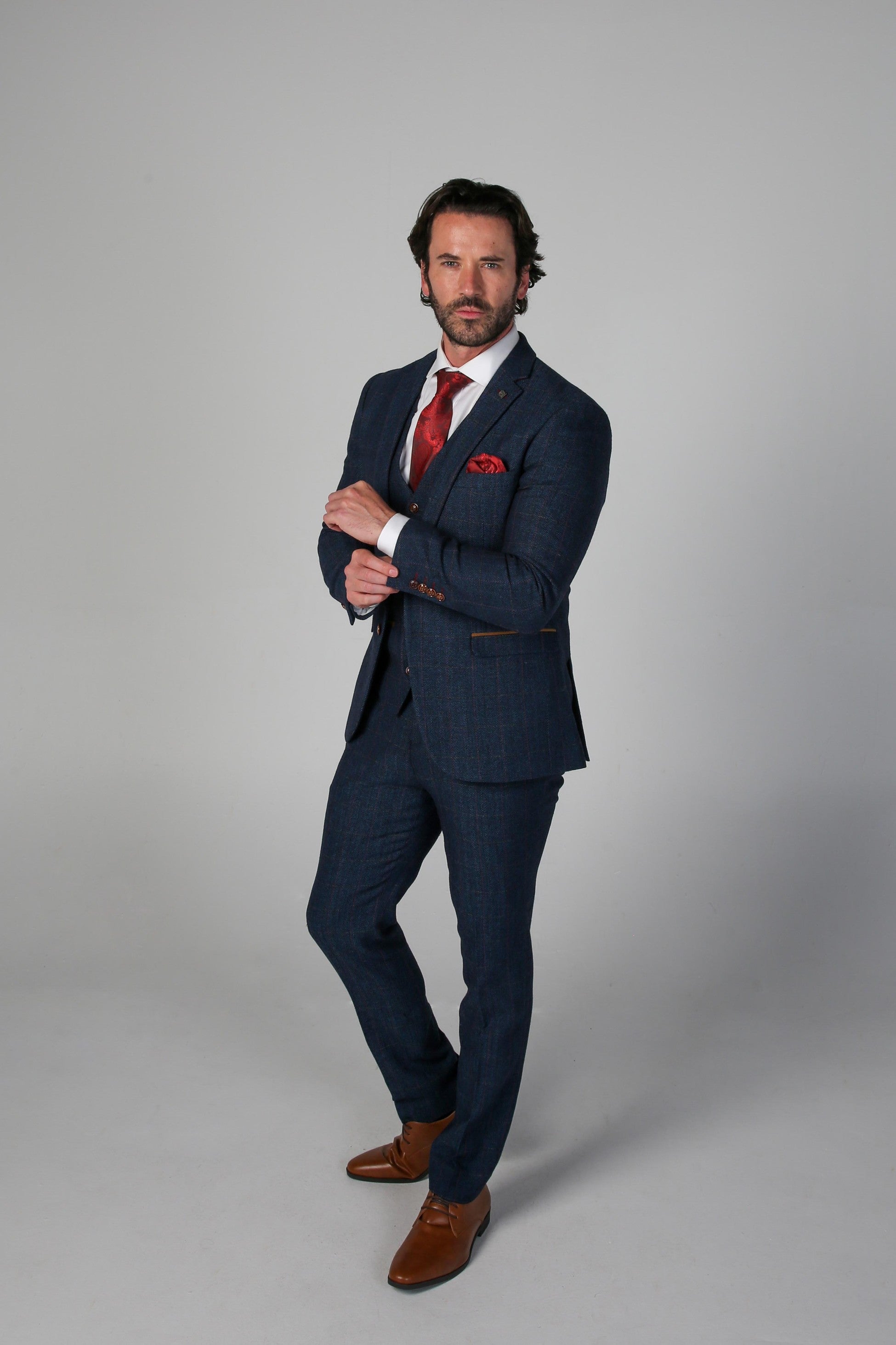 Men's Tweed Herringbone Tailored Fit Suit - SCOTT - Navy Blue