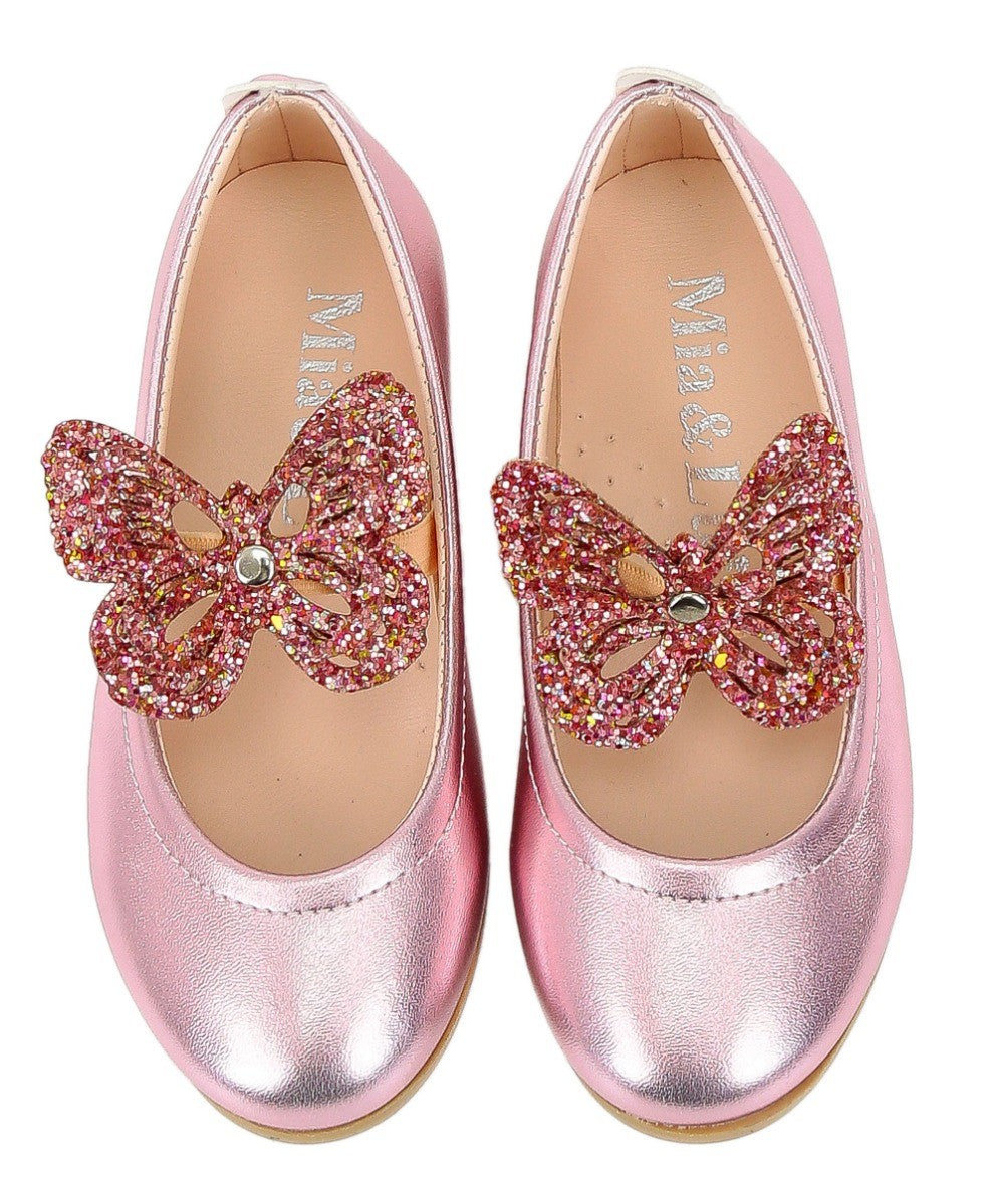 Girls Ballerina Butterfly Strap Flat Dress Shoes - Pink