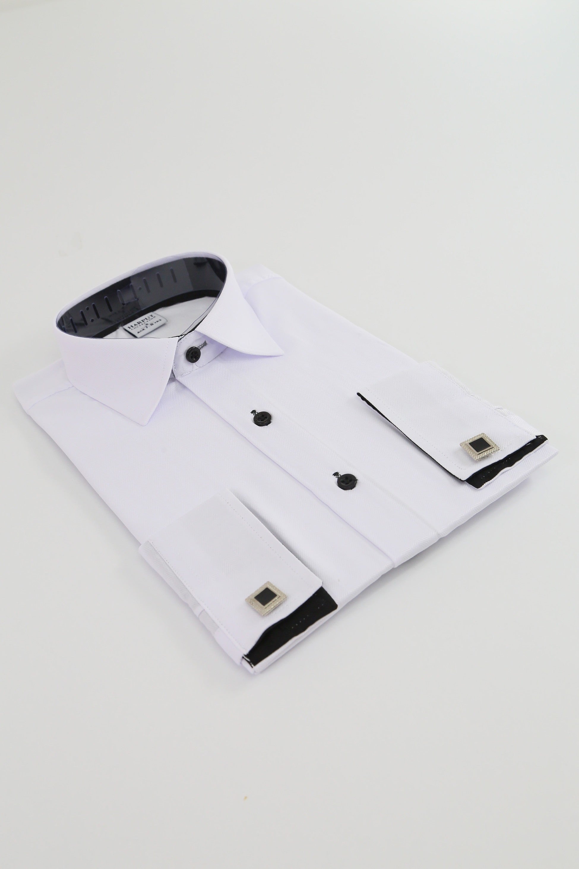 Boys White Formal Dress Shirt with Cufflinks - Herringbone Pattern - HARPUT - White