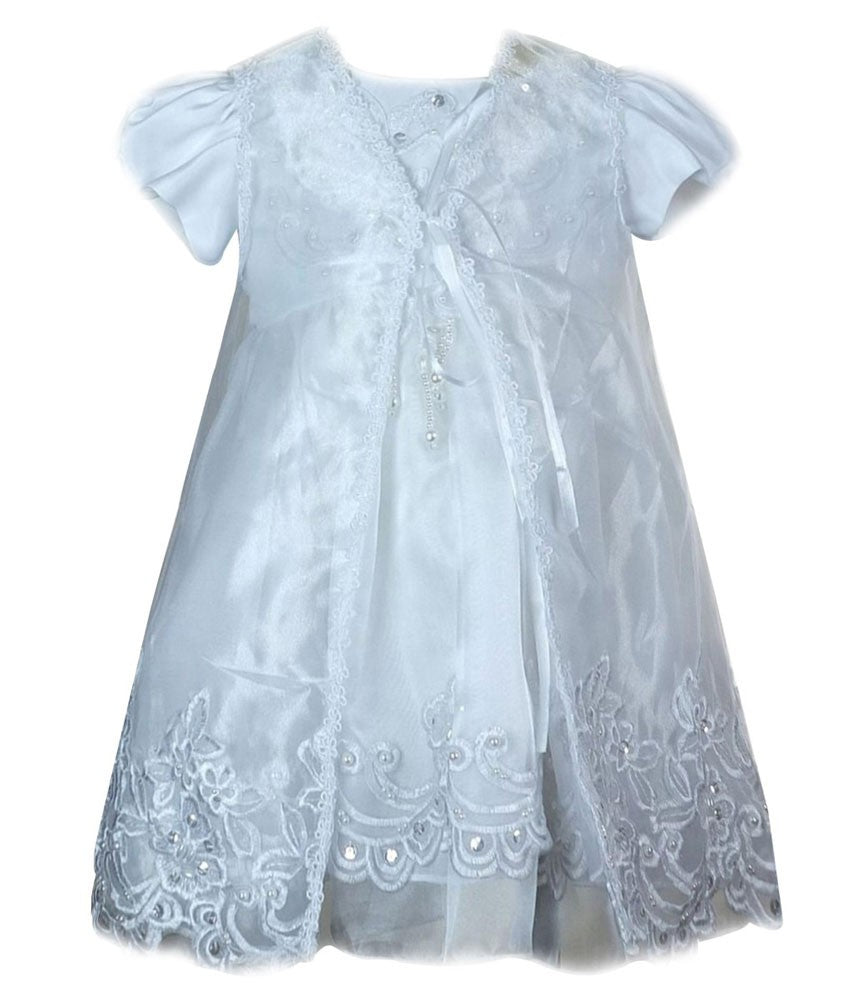 Baby Girls Christening White Gown With Bonnet - White