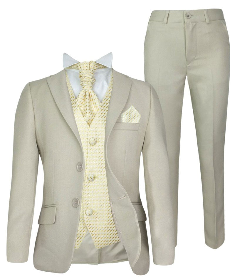 Boys Beige Suit with Patterned Waistcoat and Cravat Set - Beige