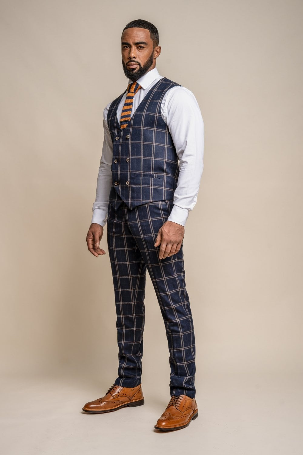 Men's Retro Check Double Breasted Waistcoat - HARDY - Navy Blue