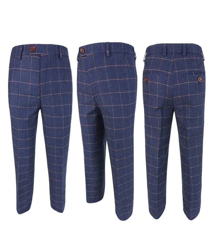 Boys Windowpane Check Slim Fit Suit - Dark Blue - Gold