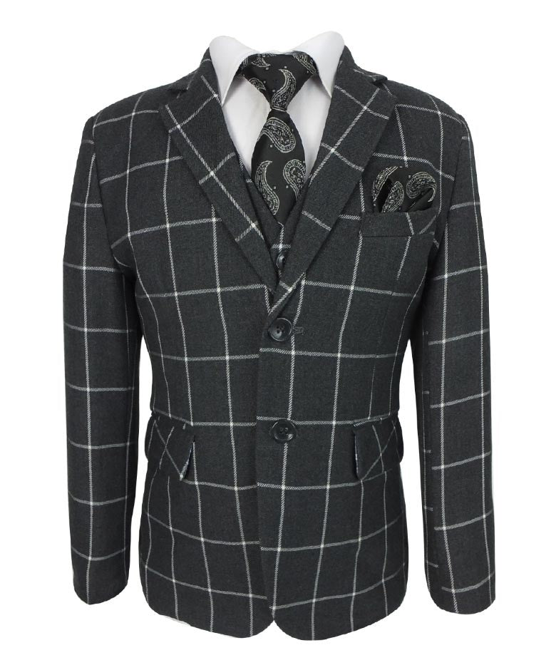 Boys Windowpane Check Suit Set - Charcoal Grey